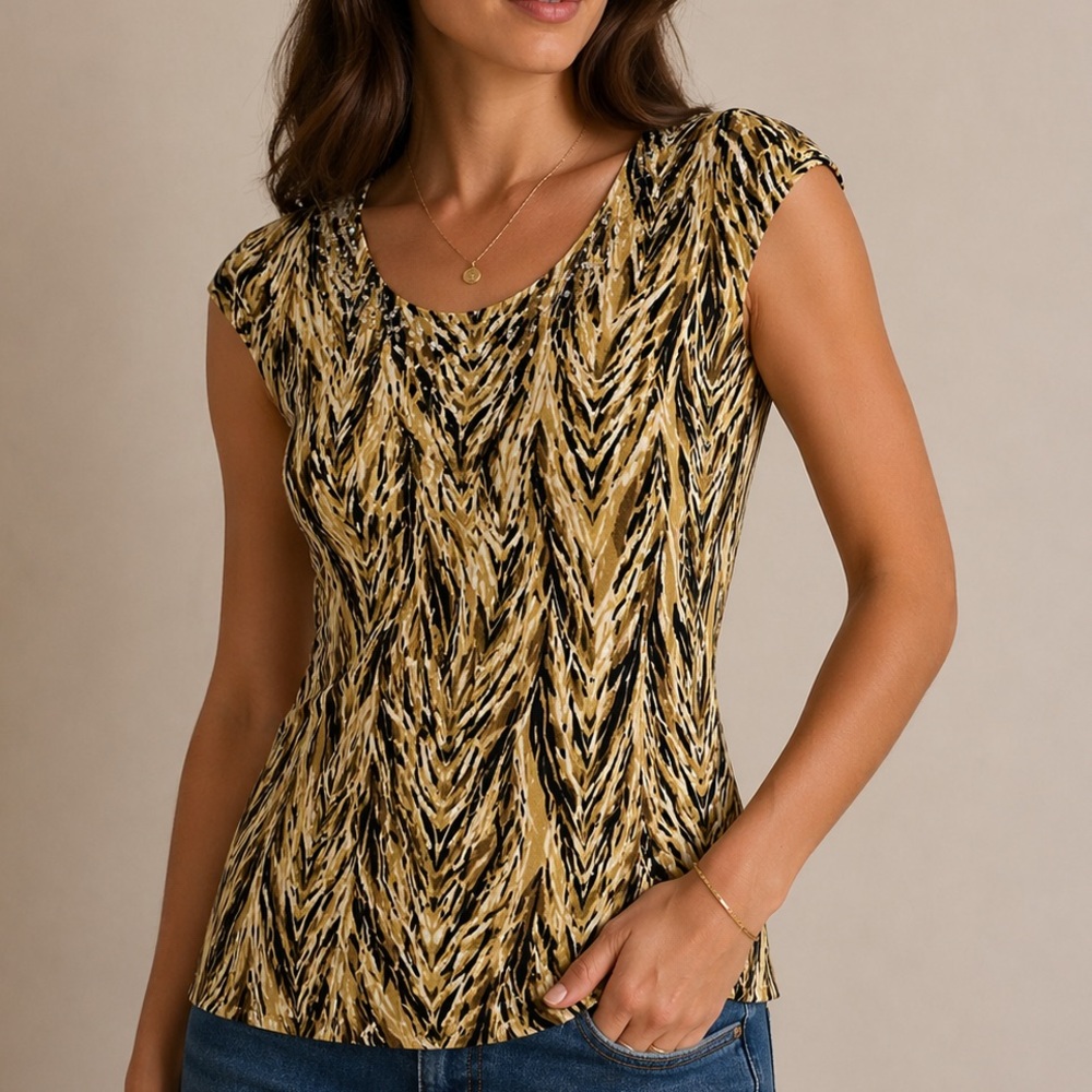 Jones New York Yellow Black sequin top Patterned V-Neck Tank Top